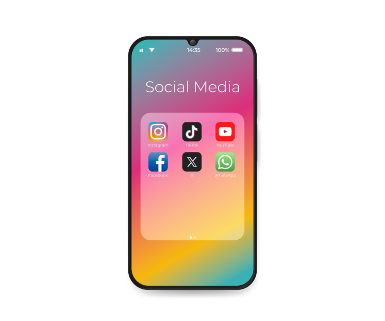 Teléfono móvil con las apps de Instagram, TikTok, YouTube, Facebook, X y WhatsApp.